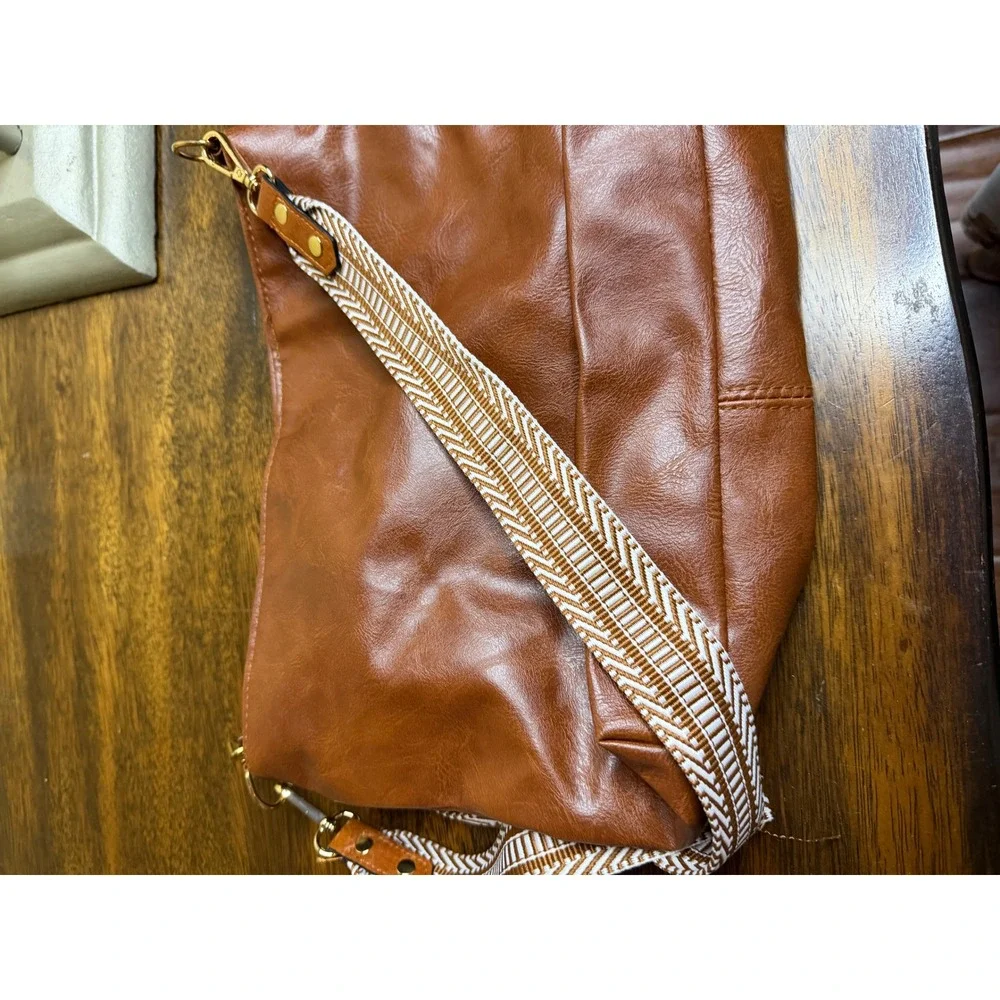 Cognac Brown Vegan Leather Crossbody Bag‎ with Woven Guitar Strap Boho Purse